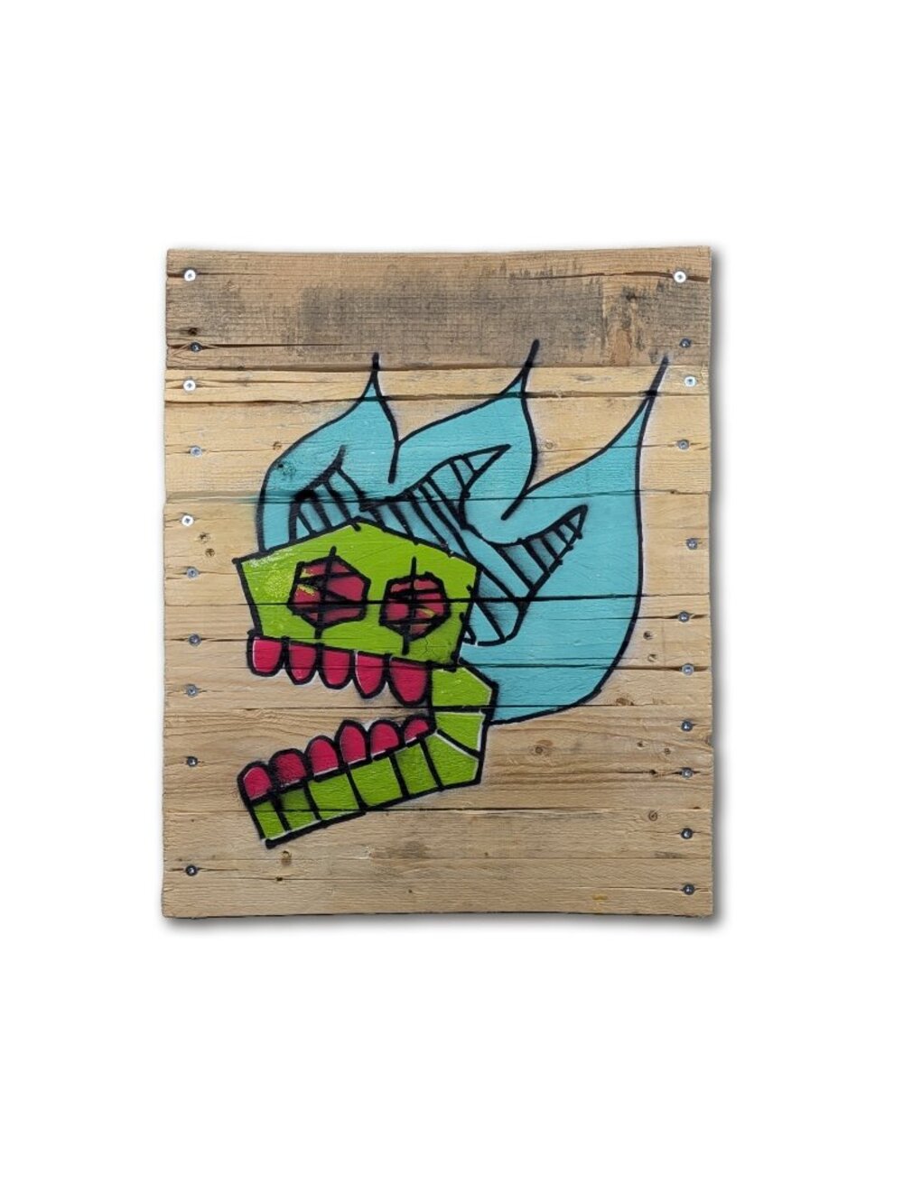 Graffiti Monster Skull Flame Grunge Goth Reclaimed Distressed Raw Wood 20 x 16